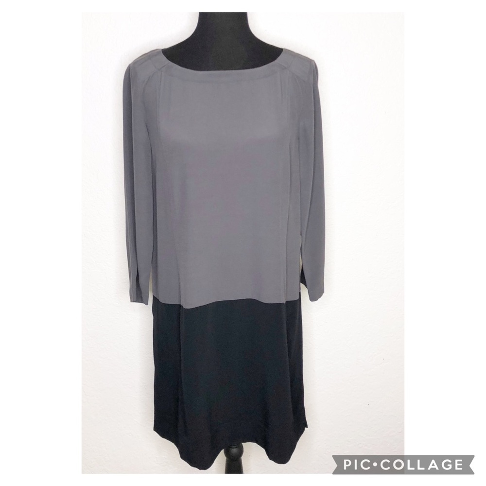 Eileen Fisher gray black color block long sleeve shift dress
